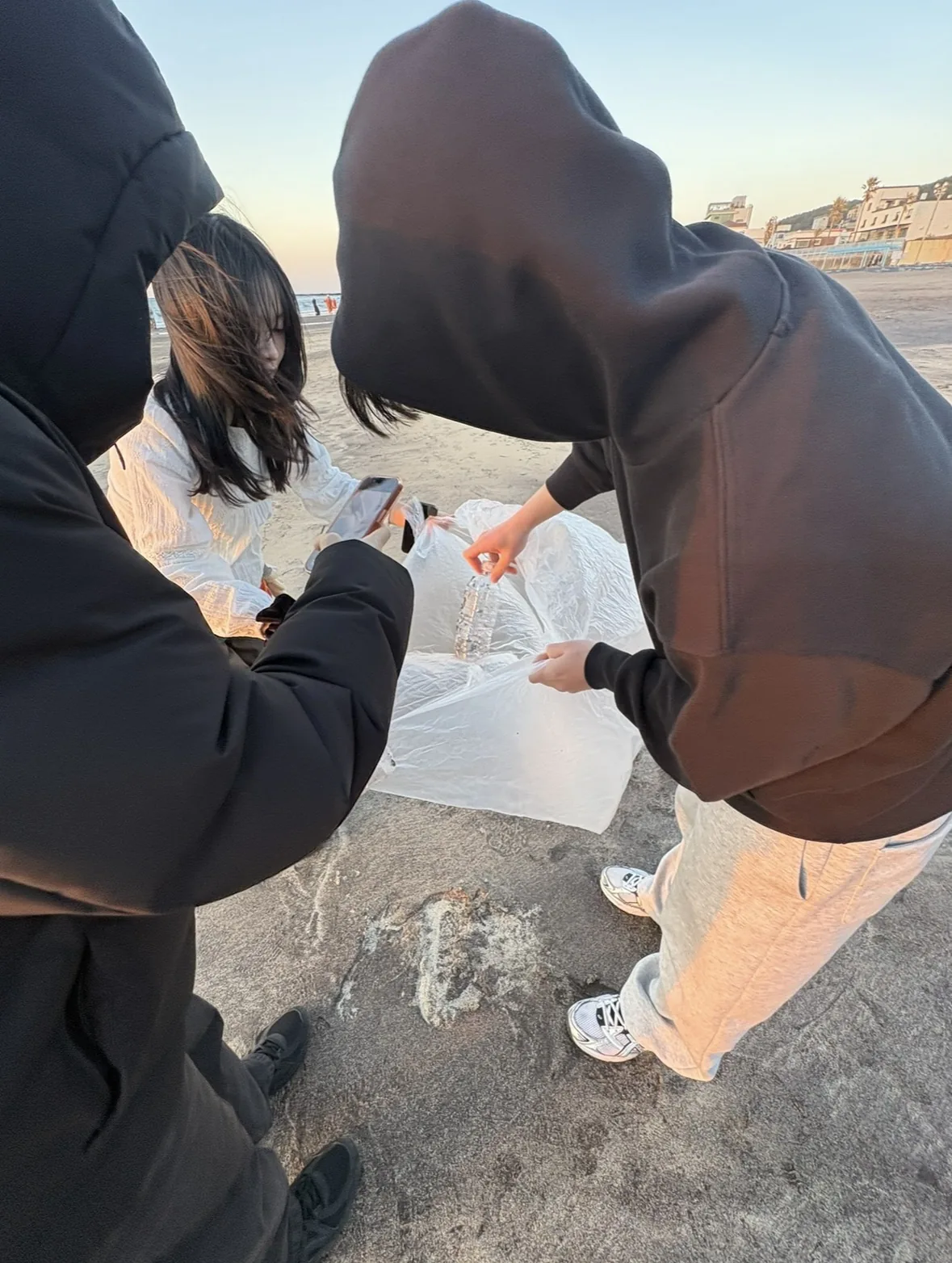 삼양해수욕장에서 학생들이 모은 쓰레기를 봉투에 담는 모습